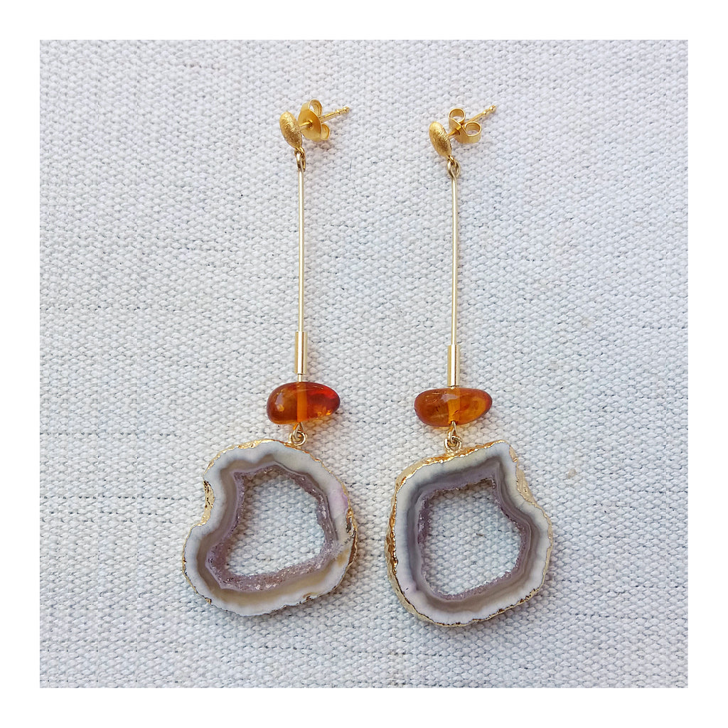 Amber & white geode Stick Earrings