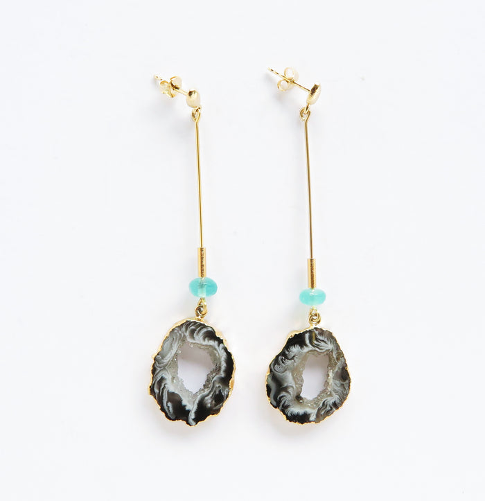 Black geode & blue chalcedony Stick Earrings